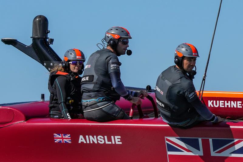 Hannah Mills of Great Britain SailGP Team sits behind Ben Ainslie, helmsman of Great Britain SailGP Team, during a practice session ahead of Spain SailGP,  - photo © Bob Martin/SailGP