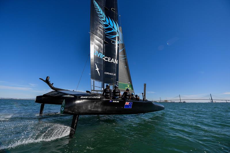 New Zealand SailGP Team co-helmed by Peter Burling and Blair Tuke in action during a practice session ahead of Spain SailGP, Event 6, Season 2 in Cadiz, Andalucia, Spain photo copyright Ricardo Pinto for SailGP. taken at  and featuring the F50 class