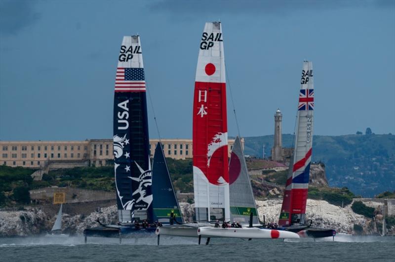 SailGP teams flying by Alcatraz during the 2019 event. - photo © Bob Martin for SailGP