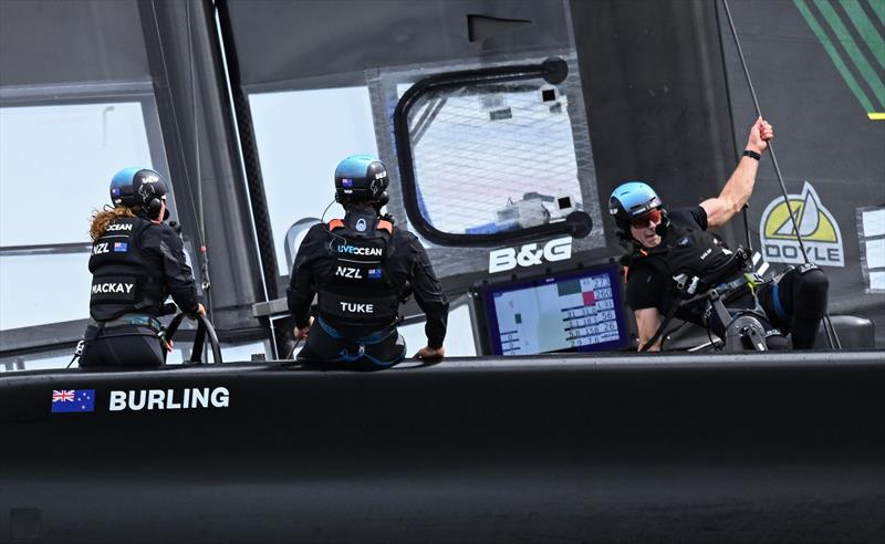 Liv Mackay driving - NZSailGP team in a practice session ahead of SailGP San Francisco - March 2022 photo copyright Ricardo Pinto/SailGP taken at Royal New Zealand Yacht Squadron and featuring the F50 class