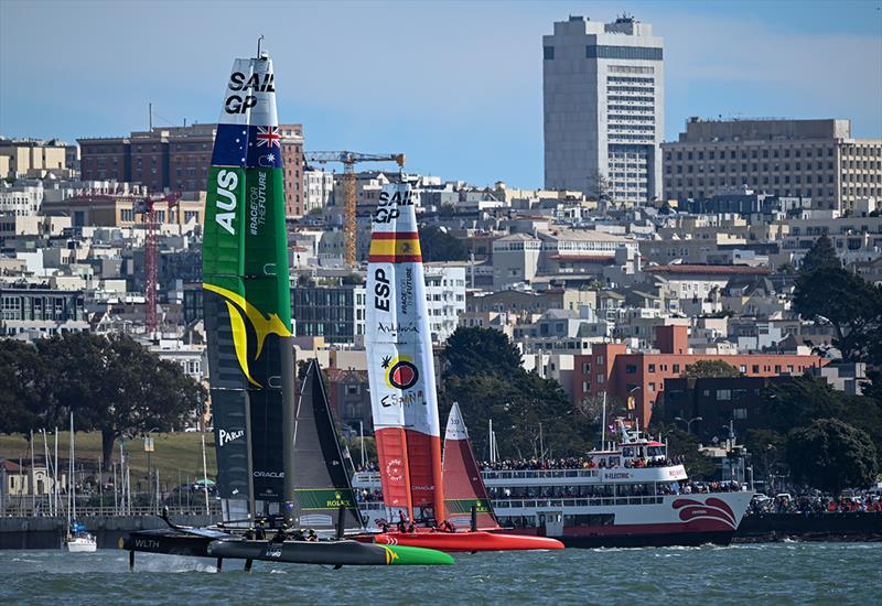 Australia SailGP Team helmed by Tom Slingsby and Spain SailGP Team co-helmed by Florian Trittel and Jordi Xammar in action on Race Day 1 of San Francisco SailGP, Season 2 in San Francisco, USA photo copyright Ricardo Pinto for SailGP taken at  and featuring the F50 class