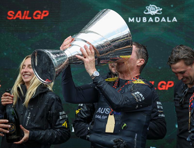 Tom Slingsby, CEO and driver of Australia SailGP Team, drinks Champagne Barons de Rothschild from the Sail Grand Prix Championship Trophy - photo © Katelyn Mulcahy/SailGP