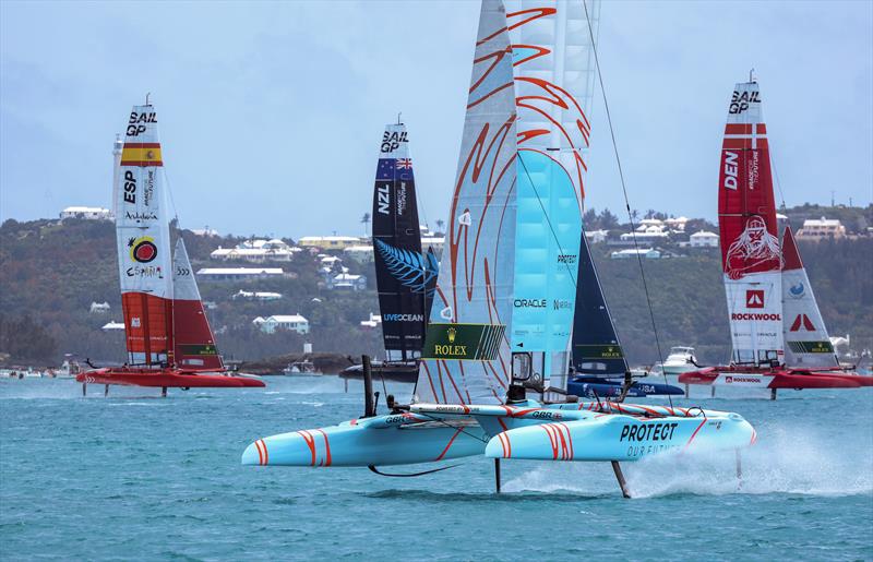 Great Britain SailGP Team , Spain SailGPNew Zealand SailGP Team  and Denmark SailGP Team  in action on Race Day 1 of Bermuda SailGP , Season 3,  Bermuda. May 2022 photo copyright Felix Diemer/SailGP taken at Royal Bermuda Yacht Club and featuring the F50 class