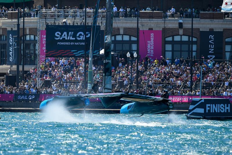 New Zealand SailGP Team co-helmed by Peter Burling and Blair Tuke crosses the finish line on Race Day 1 of the T-Mobile United States Sail Grand Prix, June 2022 photo copyright Ricardo Pinto/SailGP taken at Chicago Yacht Club and featuring the F50 class