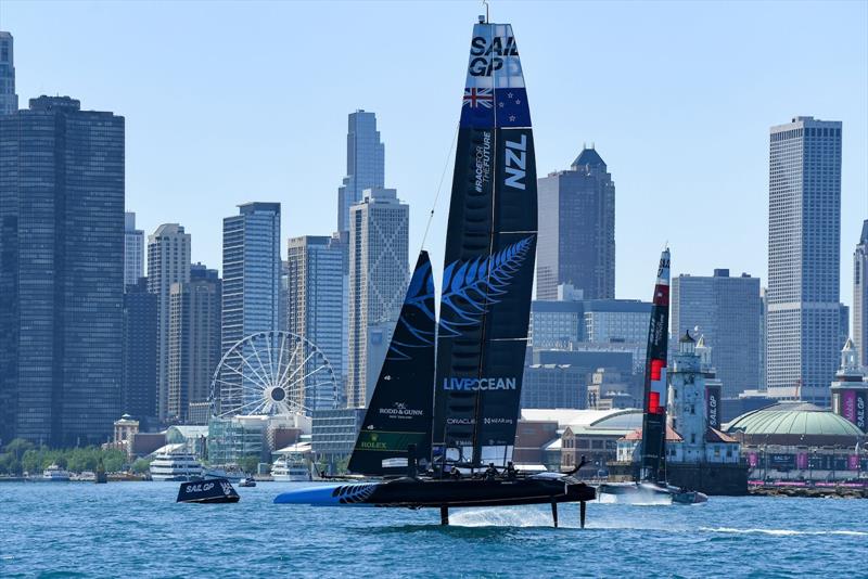 New Zealand SailGP Team co-helmed by Peter Burling and Blair Tuke and the fleet in action on Race Day 1 of the T-Mobile United States Sail Grand Prix, June 2022 photo copyright Ricardo Pinto/SailGP taken at Chicago Yacht Club and featuring the F50 class