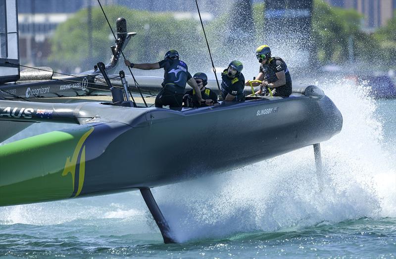 Australia SailGP Team F50 catamaran on Race Day 1 of the T-Mobile United States Sail Grand Prix | Chicago at Navy Pier, Lake Michigan, Season 3, in Chicago, Illinois, USA. 18th June 2022 photo copyright Ricardo Pinto for SailGP taken at Chicago Yacht Club and featuring the F50 class