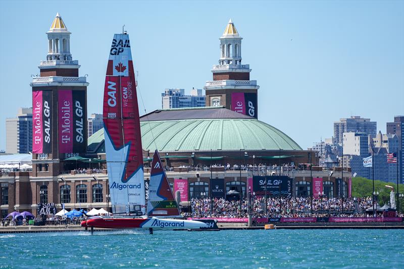 Canada SailGP Team helmed by Phil Robertson sail past spectators on Navy Pier on Race Day 1 of the T-Mobile United States Sail Grand Prix | Chicago at Navy Pier - photo © Bob Martin for SailGP