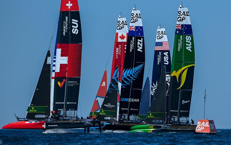 Switzerland SailGP Team, Canada SailGP Team, New Zealand SailGP Team, USA SailGP Team and Australia SailGP Team practicing  - T-Mobile United States Sail Grand Prix, Chicago at Navy Pier, Lake Michigan, Season 3 photo copyright Jon Buckle/SailGP taken at Chicago Sailing and featuring the F50 class