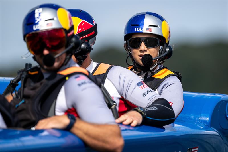CJ Perez of USA SailGP Team looks on as she sits behind Jimmy Spithill, CEO & driver of USA SailGP Team, during a practice session ahead of the Great Britain Sail Grand Prix | Plymouth photo copyright Ricardo Pinto for SailGP taken at  and featuring the F50 class