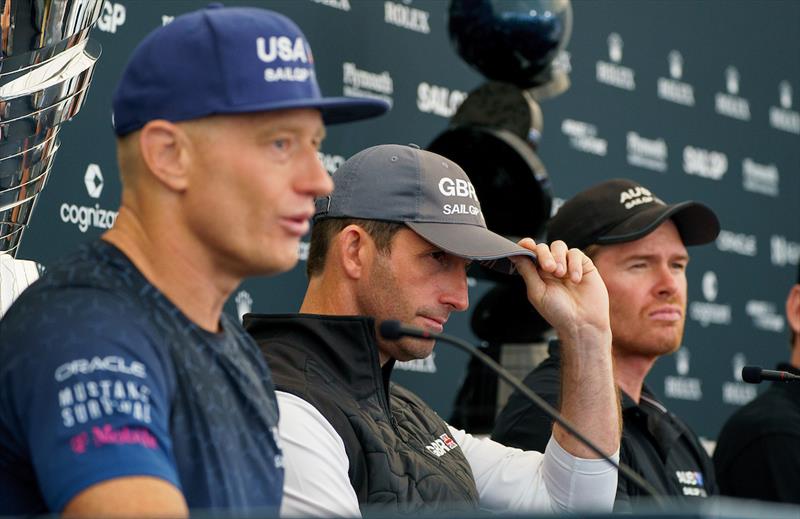 Jimmy Spithill, Ben Ainslie, and Tom Slingsby speak to the media in a pre-race press conference ahead of the Great Britain Sail Grand Prix | Plymouth photo copyright Jon Super for SailGP taken at  and featuring the F50 class