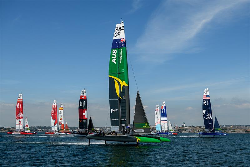 The F50 catamaran Fleet in action during a practise session ahead of the Great Britain Sail Grand Prix | Plymouth in Plymouth, England photo copyright Ricardo Pinto for SailGP taken at  and featuring the F50 class