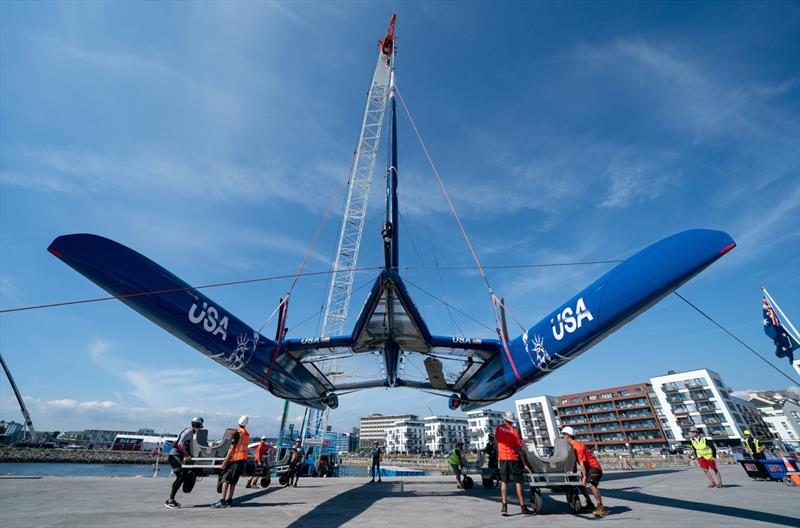 The USA SailGP Team F50 catamaran is craned out of the water after a practice session ahead of the Great Britain Sail Grand Prix | Plymouth in Plymouth, England. 29th July 2022 photo copyright Jon Super/SailGP taken at Royal Plymouth Corinthian Yacht Club and featuring the F50 class