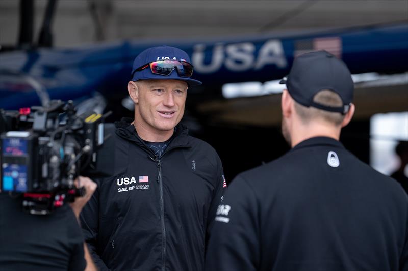 Jimmy Spithill, CEO & driver of USA SailGP Team, is interviewed at the Technical Base on Race Day 1 of the Great Britain Sail Grand Prix | Plymouth photo copyright Ricardo Pinto for SailGP taken at  and featuring the F50 class