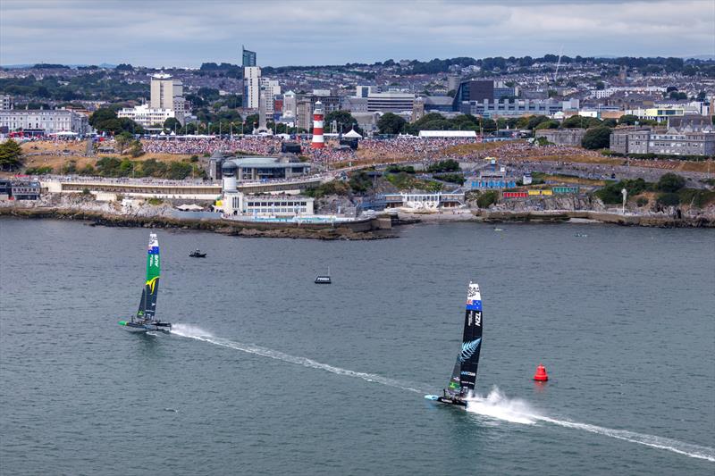 Australia SailGP Team and New Zealand SailGP Team in action on Race Day 1 of the Great Britain Sail Grand Prix | Plymouth in Plymouth, England. 30th July 2022 photo copyright David Gray/SailGP taken at Royal Plymouth Corinthian Yacht Club and featuring the F50 class