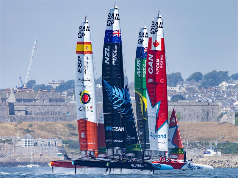 Spain SailGP, Team New Zealand SailGP Team, Australia SailGP Team helmed  and Canada SailGP Team  during a practice session ahead of the Great Britain Sail Grand Prix | Plymouth in Plymouth, England. 29th July 2022 photo copyright Felix Diemer/SailGP taken at Royal Plymouth Corinthian Yacht Club and featuring the F50 class