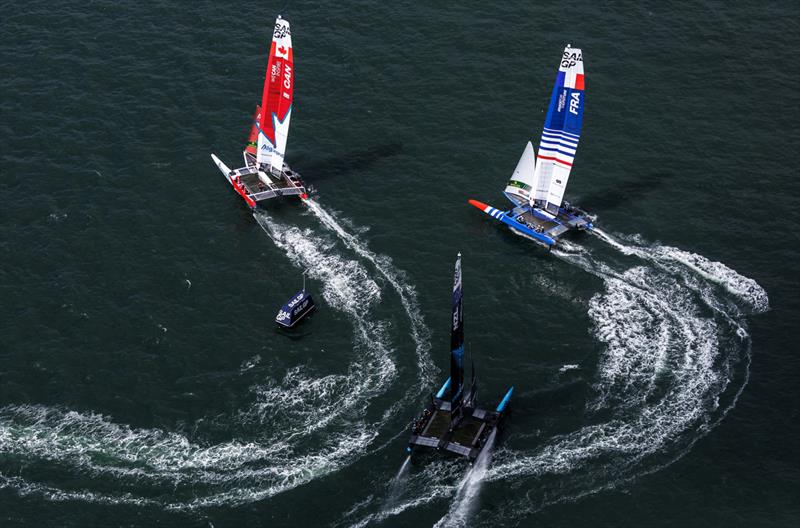 Canada SailGP Team, France SailGP Team and New Zealand SailGP Team in action on Race Day 1 of the Great Britain Sail Grand Prix | Plymouth in Plymouth, England. 30th July 2022 photo copyright Ricardo Pinto/SailGP taken at Royal Plymouth Corinthian Yacht Club and featuring the F50 class