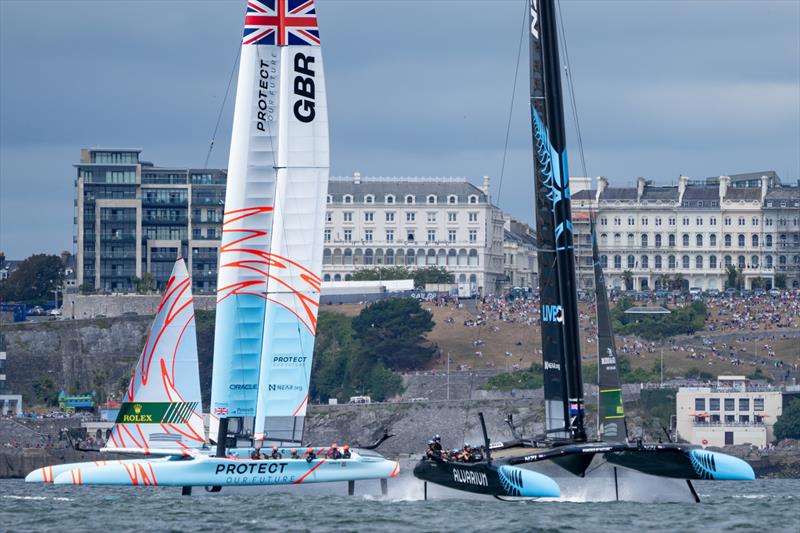 New Zealand SailGP Team  and Great Britain SailGP Team  in action on Race Day 1 of the Great Britain Sail Grand Prix | Plymouth in Plymouth, England. 30th July 2022  photo copyright Bob Martin/SailGP taken at Royal Plymouth Corinthian Yacht Club and featuring the F50 class