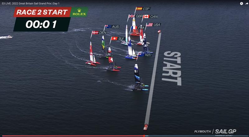 Race 2 start (the start line changes from red to white at start time) - SailGP - Season 3 - SailGP Great Britain - Plymouth, July 30, 2022 photo copyright SailGP taken at Royal Plymouth Corinthian Yacht Club and featuring the F50 class