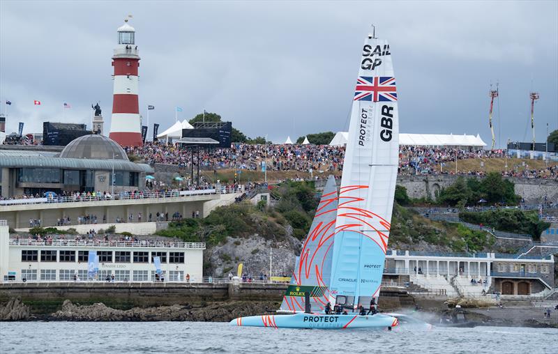 Great Britain SailGP Team helmed by Ben Ainslie race to the finish line on Race Day 2 of the Great Britain Sail Grand Prix | Plymouth in Plymouth, England. 31st July  photo copyright Bob Martin/SailGP taken at Royal Plymouth Corinthian Yacht Club and featuring the F50 class