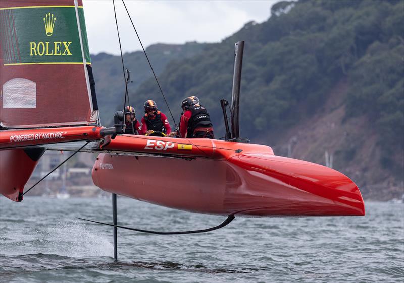 Spain SailGP Team helmed by Jordi Xammar on Race Day 2 of the Great Britain Sail Grand Prix | Plymouth in Plymouth, England. 31st July  photo copyright David Gray/SailGP taken at Royal Plymouth Corinthian Yacht Club and featuring the F50 class