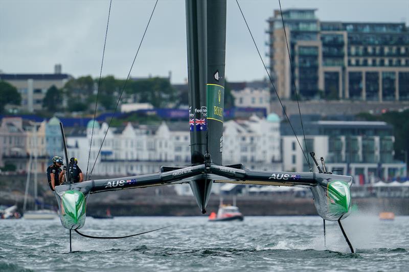 Australia SailGP Team helmed by Tom Slingsby in action on Race Day 2 of the Great Britain Sail Grand Prix | Plymouth in Plymouth, England. 31st July  photo copyright Jon Super/SailGP taken at Royal Plymouth Corinthian Yacht Club and featuring the F50 class