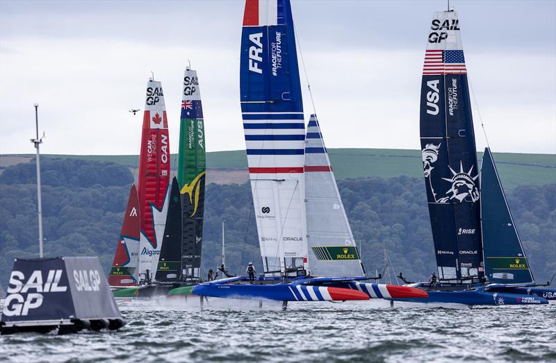 The fleet on day 2 of Great Britain Sail Grand Prix | Plymouth photo copyright David Gray for SailGP taken at  and featuring the F50 class