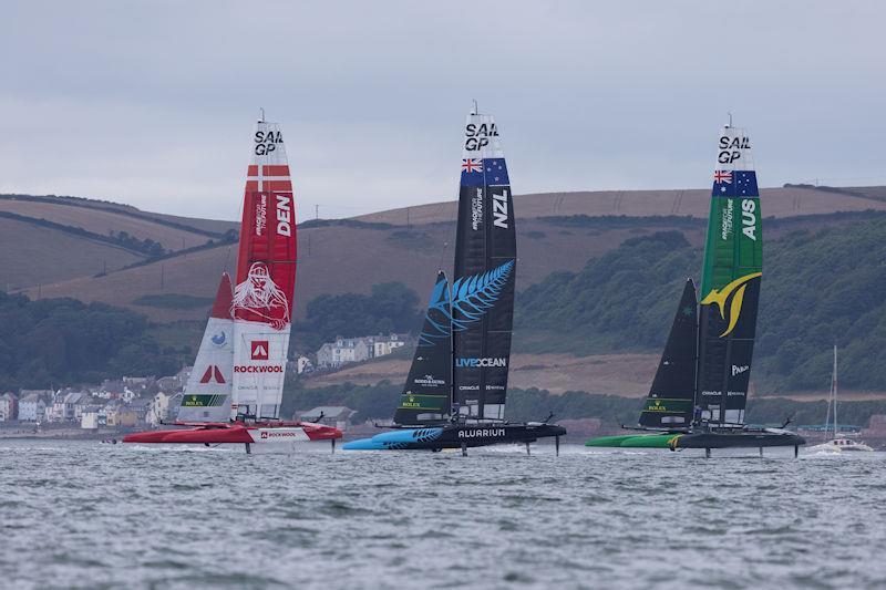 Denmark SailGP Team presented by ROCKWOOL, New Zealand SailGP Team and Australia SailGP Team on Race Day 2 of the Great Britain Sail Grand Prix | Plymouth photo copyright David Gray for SailGP taken at  and featuring the F50 class