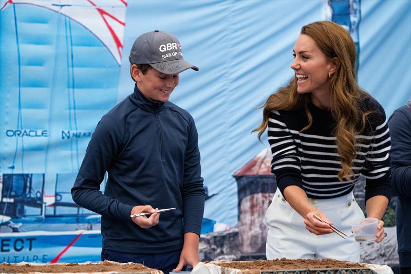 HRH The Duchess of Cambridge visits Team GBR HQ to join a Protect Our Future lesson and engages with young people from Plymouth in a seagrass planting activity photo copyright Bob Martin for SailGP taken at  and featuring the F50 class