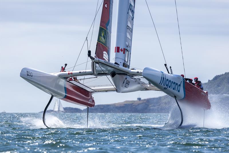 Canada SailGP Team helmed by Phil Robertson in action on Race Day 1 of the Great Britain Sail Grand Prix | Plymouth in Plymouth, England. 30th July 2022 photo copyright Felix Diemer/SailGP taken at Royal Plymouth Corinthian Yacht Club and featuring the F50 class
