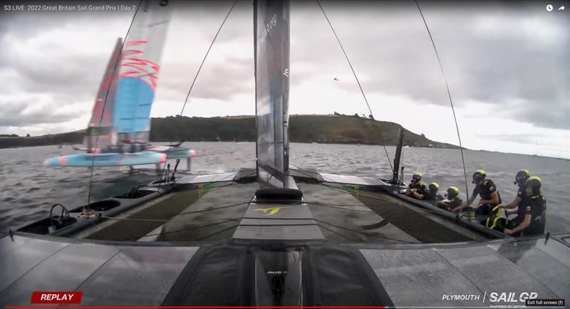 2.  Onboard camera Australia - Ainslie (GBR) passes ahead of Slingsby (AUS) - Australia SailGP and Great Britain SailGP - incident prior to finish Race 5 - SailGP Great Britain - July 31, 2022 photo copyright SailGP taken at Royal Plymouth Corinthian Yacht Club and featuring the F50 class