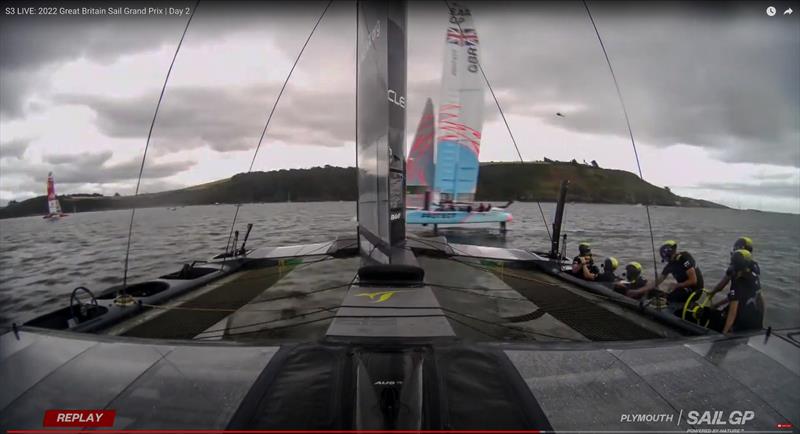 1. Onboard camera Australia - Ainslie (GBR) crosses ahead of Slingsby (AUS - Australia SailGP and Great Britain SailGP - incident prior to finish Race 5 - SailGP Great Britain - July 31, 2022 photo copyright SailGP taken at Royal Plymouth Corinthian Yacht Club and featuring the F50 class