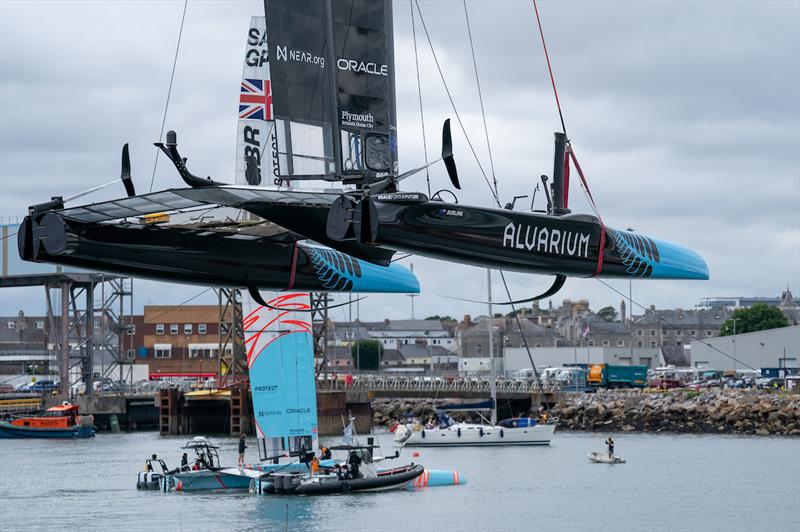 New Zealand SailGP Team F50 catamaran is lifted out in the Technical Base on Race Day 2 of the Great Britain Sail Grand Prix | Plymouth in Plymouth, England. 31st July, 2022 photo copyright Jon Super/SailGP taken at Royal Plymouth Corinthian Yacht Club and featuring the F50 class
