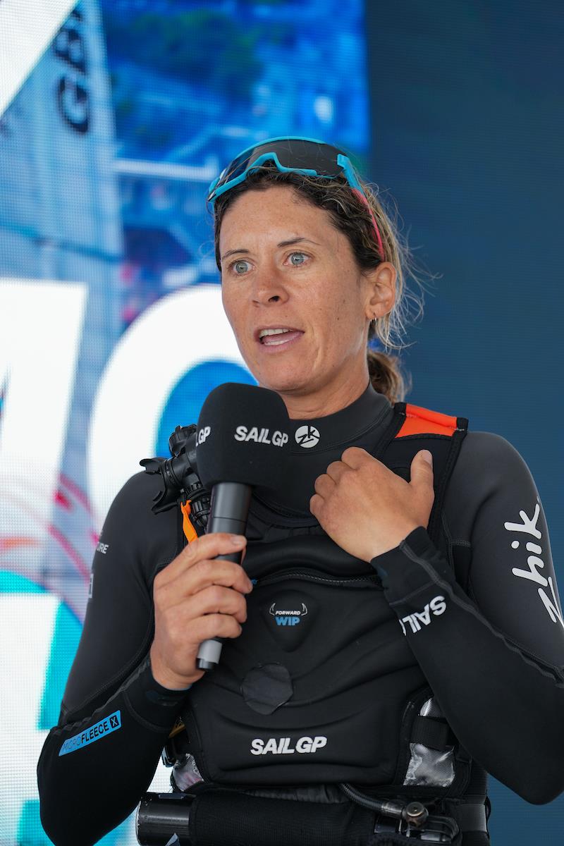 Jo Aleh of New Zealand SailGP Team speaks at the Adrenaline Lounge after winning the Great Britain Sail Grand Prix | Plymouth in Plymouth, England. 31st July ,2022 photo copyright Andrew Baker/SailGP taken at Royal Plymouth Corinthian Yacht Club and featuring the F50 class