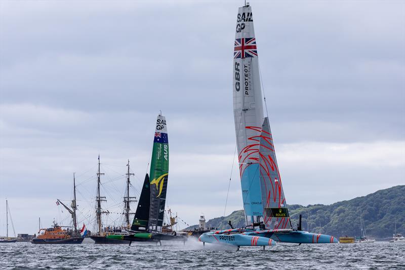 Great Britain SailGP Team race against Australia SailGP Team on Race Day 2 of the Great Britain Sail Grand Prix | Plymouth in Plymouth, England. 31st July .2022 photo copyright David Gray/SailGP taken at Royal Plymouth Corinthian Yacht Club and featuring the F50 class