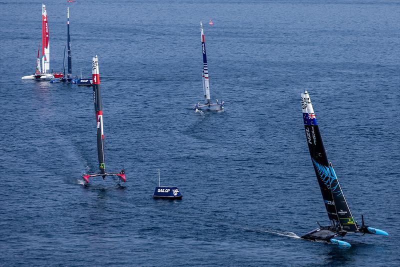 The SailGP fleet  in action during a practice session ahead of the Rockwool Denmark Sail Grand Prix in Copenhagen, Denmark. 18th August  photo copyright David Gray/SailGP taken at Royal New Zealand Yacht Squadron and featuring the F50 class
