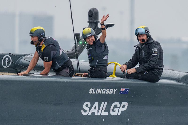 Nina Curtis, strategist of Australia SailGP Team, waves to the spectators at the Race Village on Race Day 1 of the ROCKWOOL Denmark Sail Grand Prix in Copenhagen, Denmark photo copyright Bob Martin for SailGP taken at  and featuring the F50 class