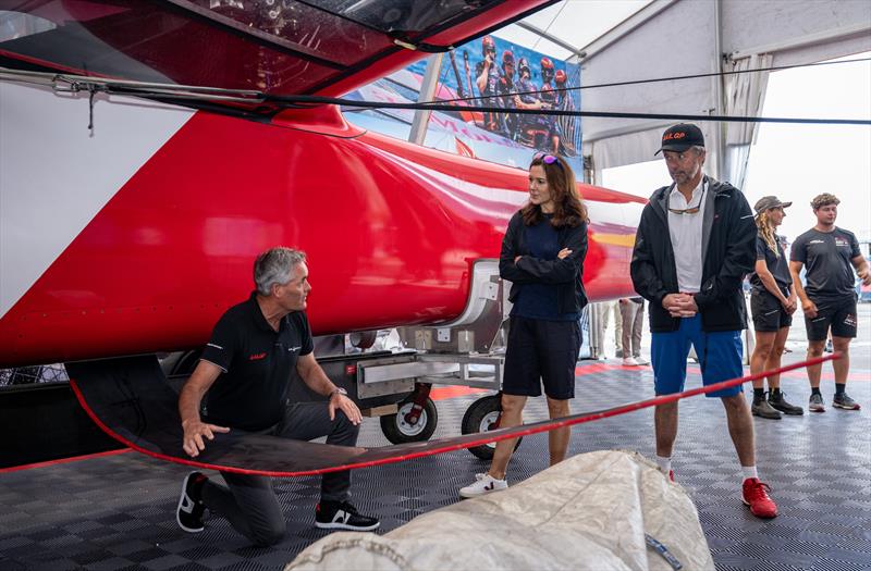 Sir Russell Coutts, SailGP CEO, gives an exclusive tour of the cutting-edge technology behind SailGP to Their Royal Highnesses, the Crown Prince Couple in the Denmark SailGP Team hangar at the Technical Base on Race Day 1  - photo © Jon Buckle / SailGP
