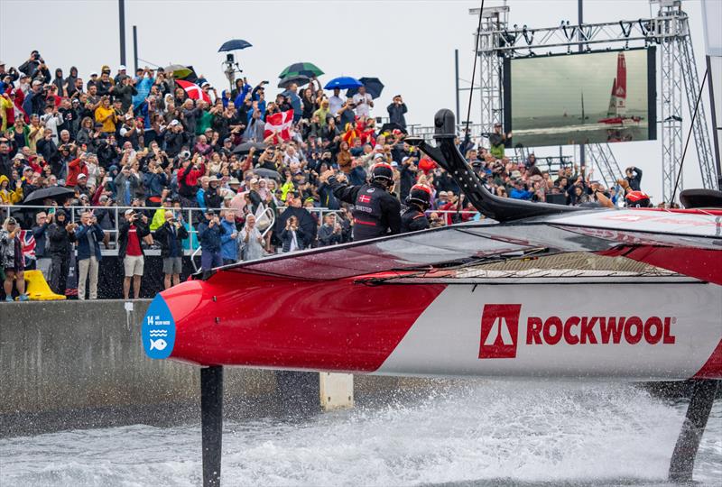 Denmark SailGP Team wave to the spectators as they are towed past the Race Village prior to racing on Race Day 1 of the Rockwool Denmark Sail Grand Prix in Copenhagen, Denmark photo copyright Bob Martin/SailGP taken at Royal Danish Yacht Club and featuring the F50 class