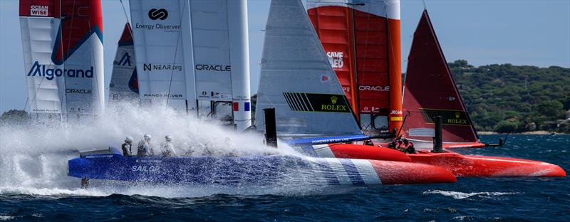 Canada SailGP Team, France SailGP Team  and Spain SailGP Team in action during a practice session ahead of the Range Rover France Sail Grand Prix in Saint Tropez, France photo copyright Ricardo Pinto for SailGP taken at Société Nautique de Saint-Tropez and featuring the F50 class