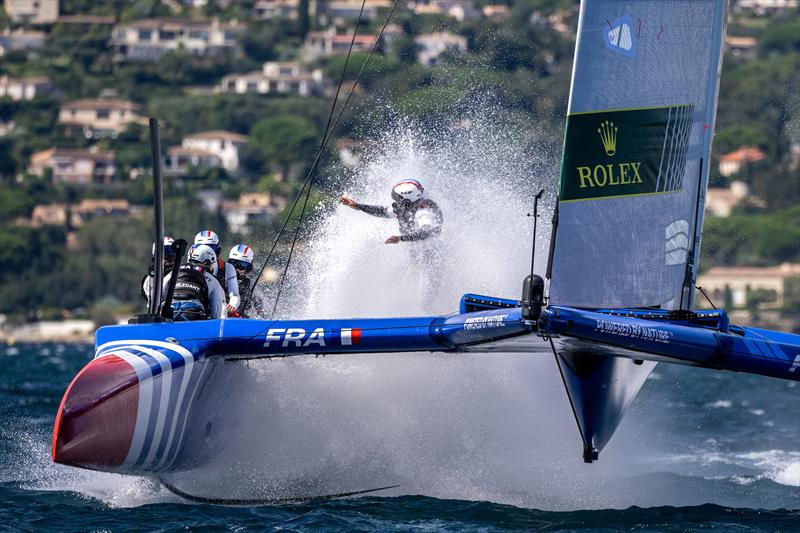 Francois Morvan, flight controller of France SailGP Team, runs across the boat during a practice session ahead of the Range Rover France Sail Grand Prix in Saint Tropez, France photo copyright Jon Buckle/SailGP taken at Société Nautique de Saint-Tropez and featuring the F50 class