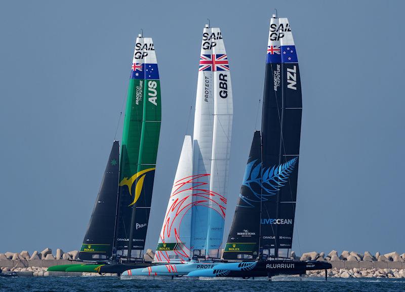 Australia SailGP Team, Great Britain SailGP Team and New Zealand SailGP Team competing on Race Day 1 of the Dubai Sail Grand Prix presented by P&O Marinas in Dubai, United Arab Emirates photo copyright Bob Martin for SailGP taken at  and featuring the F50 class