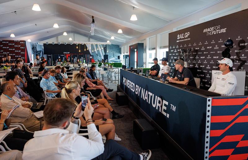 Skippers at a morning press conference ahead of the Singapore Sail Grand Prix photo copyright Ian Walton / SailGP taken at Republic of Singapore Yacht Club and featuring the F50 class