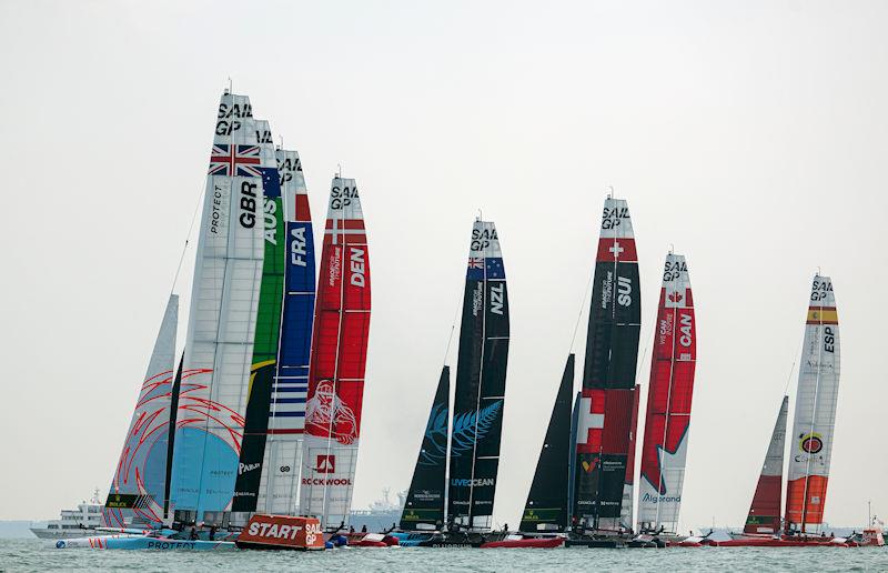 The SailGP fleet in action on Race Day 1 of the Singapore Sail Grand Prix presented by the Singapore Tourism Board photo copyright Chloe Knott for SailGP taken at  and featuring the F50 class