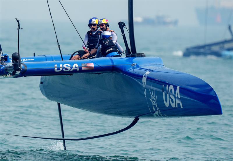 USA SailGP Team helmed by Jimmy Spithill racing on Race Day 1 of the Singapore Sail Grand Prix presented by the Singapore Tourism Board photo copyright Bob Martin for SailGP taken at  and featuring the F50 class