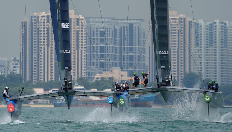 USA SailGP Team helmed by Jimmy Spithill and Australia SailGP Team helmed by Tom Slingsby race towards the city on Race Day 2 of the Singapore Sail Grand Prix presented by the Singapore Tourism Board photo copyright Bob Martin for SailGP taken at  and featuring the F50 class