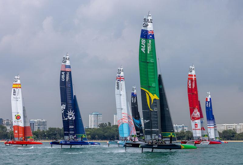 The fleet in action on Race Day 2 of the Singapore Sail Grand Prix presented by the Singapore Tourism Board photo copyright Felix Diemer for SailGP taken at  and featuring the F50 class