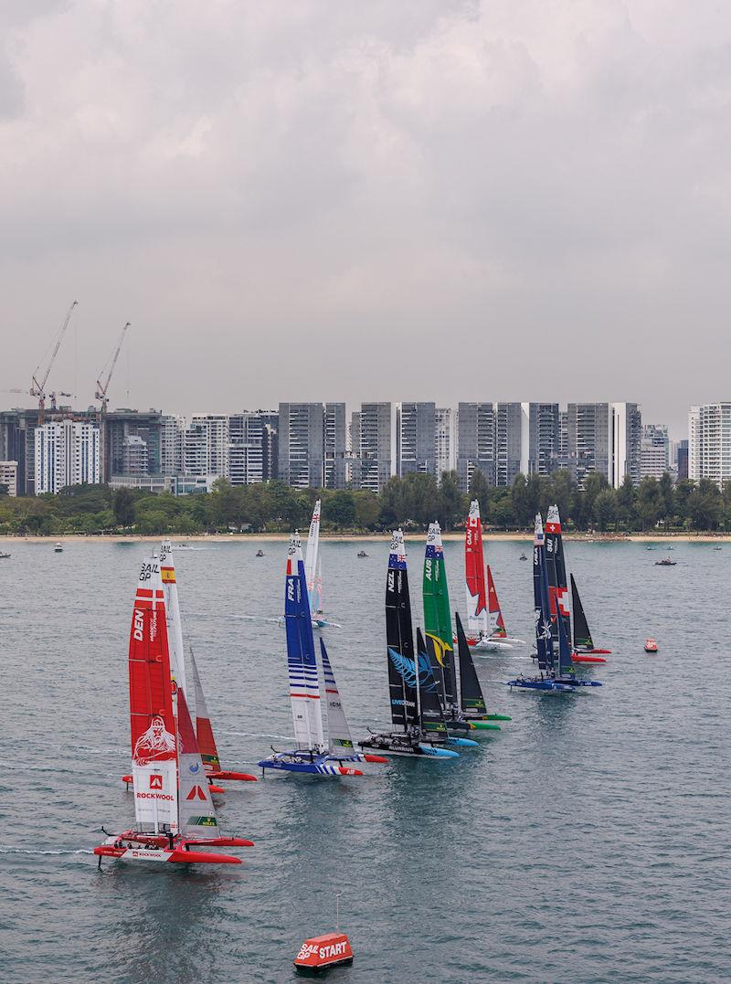 The F50 felt crosses the start line on Race Day 2 of the Singapore Sail Grand Prix presented by the Singapore Tourism Board photo copyright Ian Walton for SailGP taken at  and featuring the F50 class