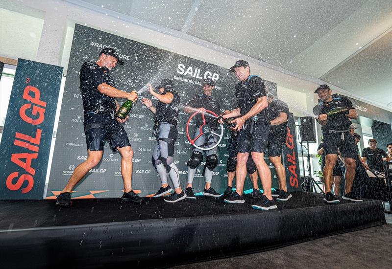 New Zealand SailGP Team where at the prizegiving for  Singapore Sail Grand Prix during the lightning strike photo copyright Eloi Stichelbaut/SailGP taken at Singapore Yacht Club and featuring the F50 class