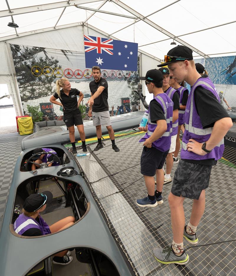 Jason Waterhouse and Tash Bryant of Australia SailGP Team explain the workings of the F50 catamaran to SailGP Inspire Careers candidates in Sydney photo copyright Chloe Knott/SailGP taken at Royal Sydney Yacht Squadron and featuring the F50 class