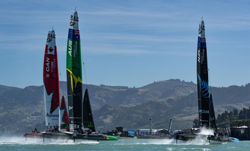 Canada SailGP Team helmed by Phil Robertson, Australia SailGP Team helmed by Tom Slingsby, and New Zealand SailGP Team helmed by Peter Burling in action during the final race on Race Day 2 of the ITM New Zealand Sail Grand Prix photo copyright Bob Martin for SailGP taken at  and featuring the F50 class